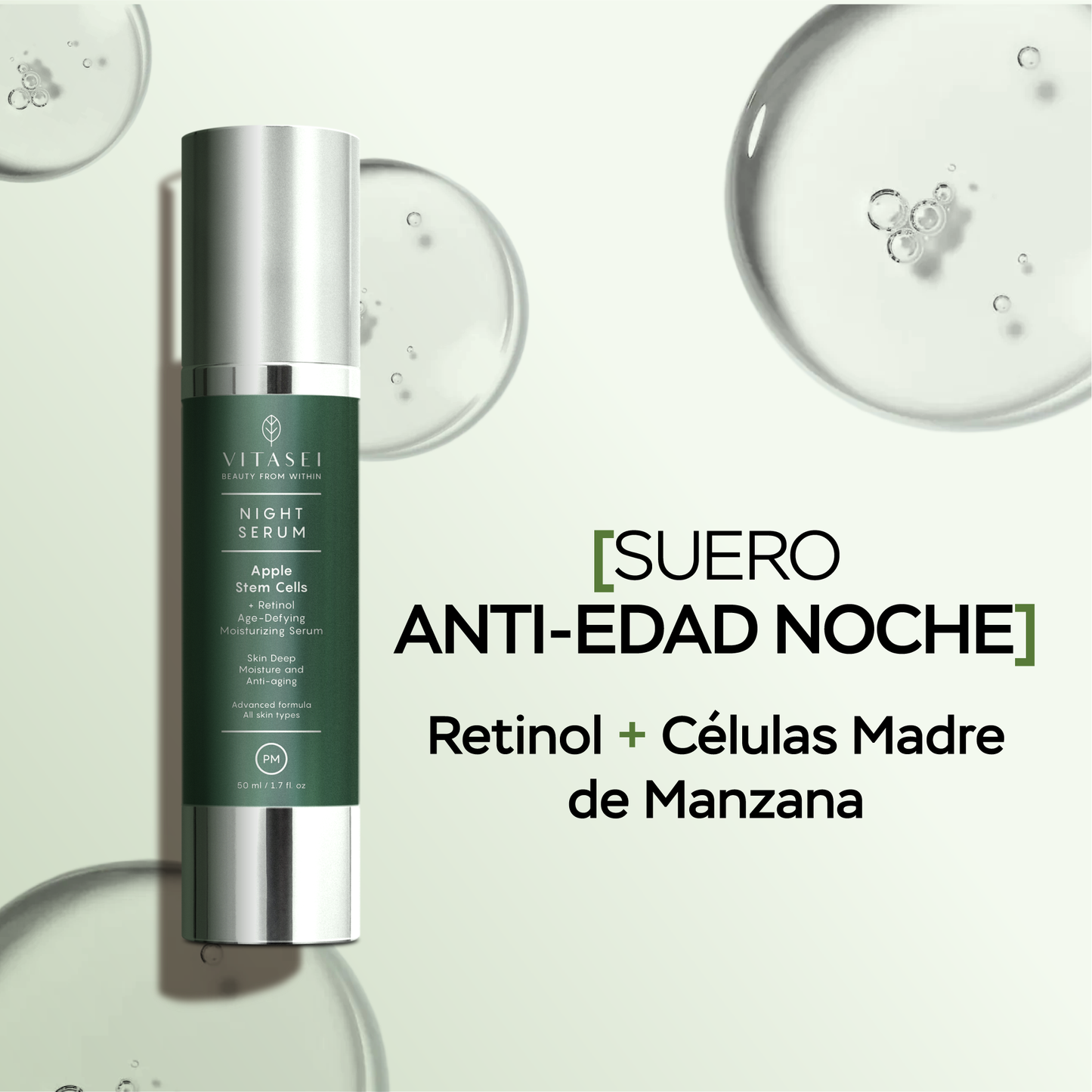 Suero facial noche antiedad con retinol y células madre de manzana
