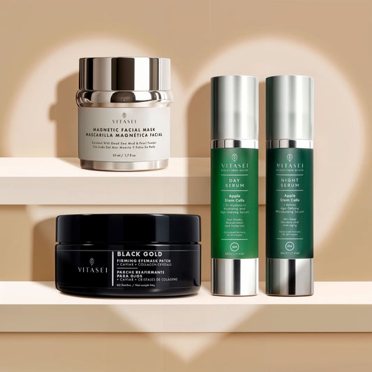 Day and night serums with apple stem cells +  Eyemask patch with caviar and collagen crystals + Magnetic mask with dead sea mud