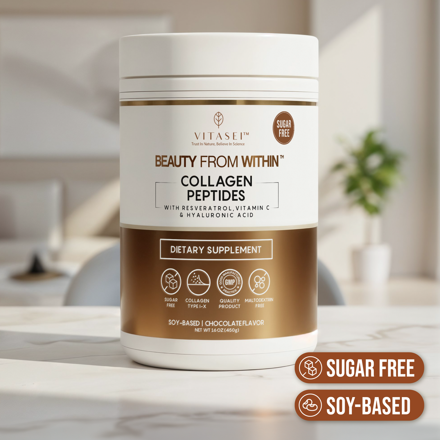 Chocolate Collagen Peptides with Resveratrol and Hyaluronic Acid - Soy-Based Formula