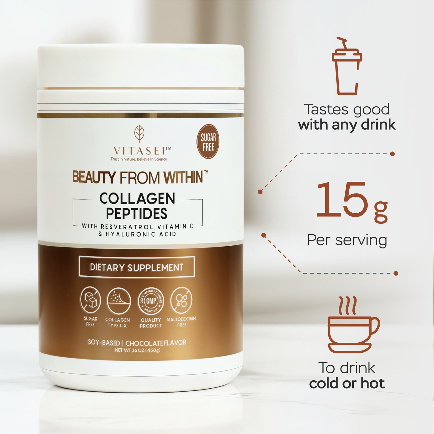 Chocolate Collagen Peptides with Resveratrol and Hyaluronic Acid - Soy-Based Formula