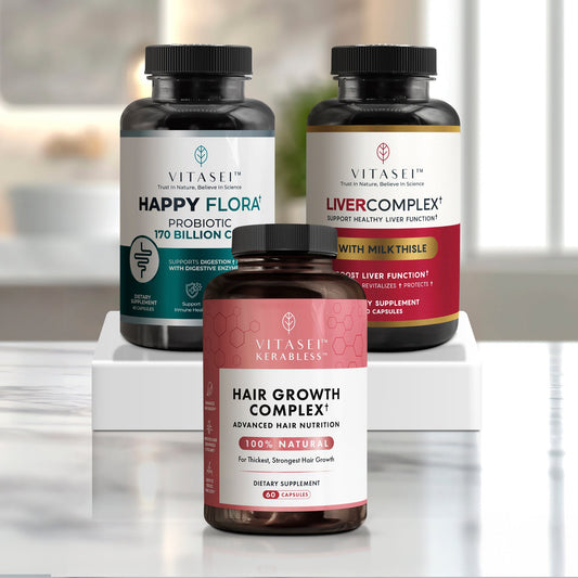 Complete Vitality Bundle – Happy Flora Probiotic + Livercomplex + Hair Growth Complex