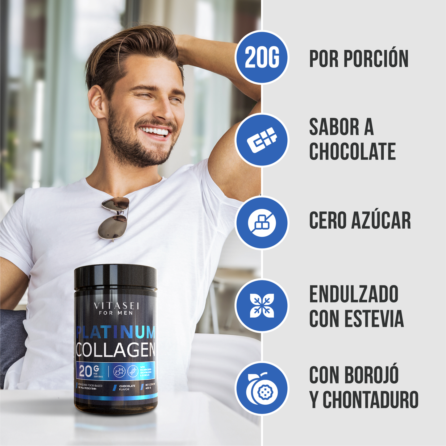 Colágeno para hombres con BCAA´S y proteína de suero - sabor chocolate