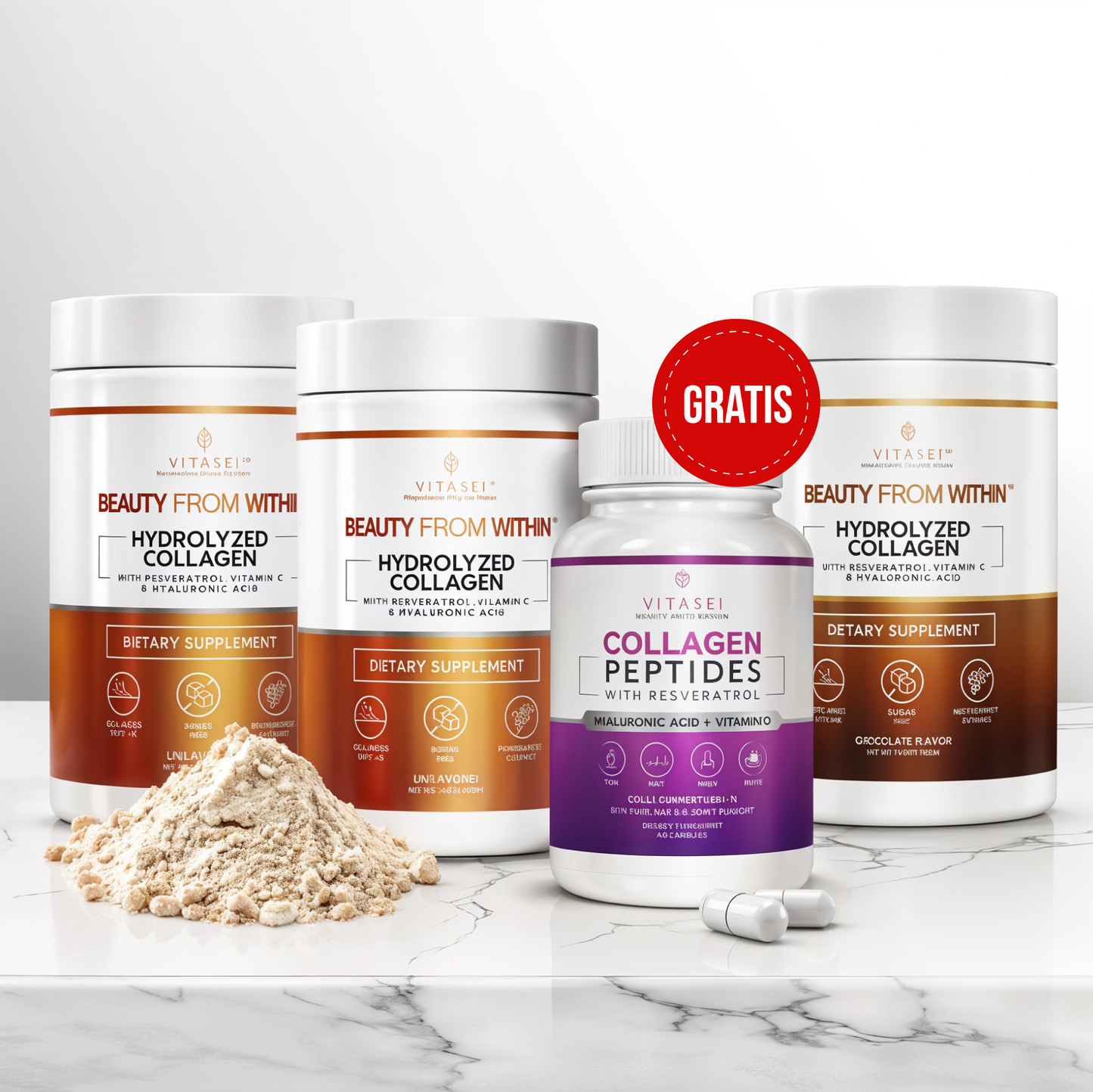 ¡Best Seller! 2 colágenos sin sabor + 1 sabor chocolate + GRATIS cápsulas de péptidos