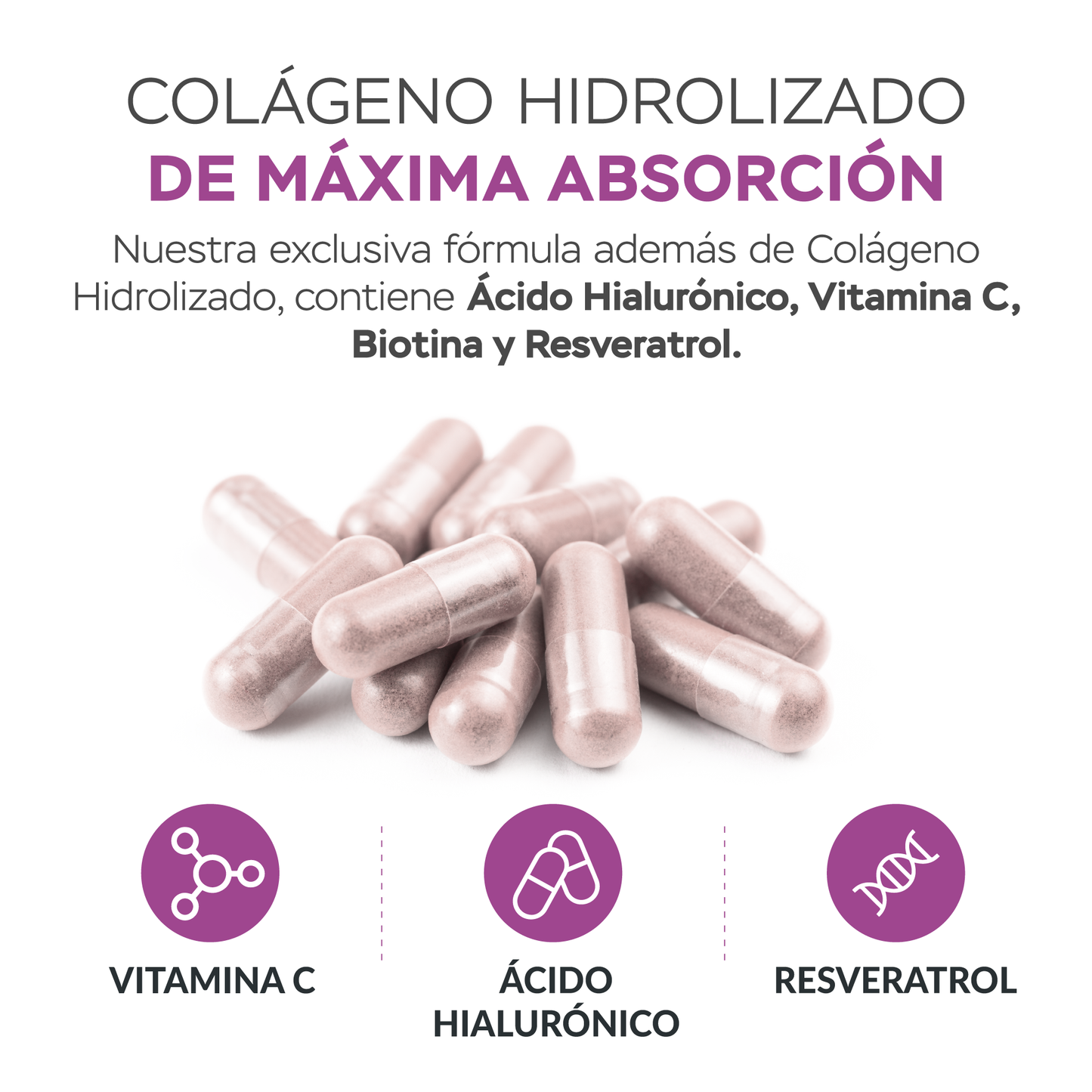 Péptidos de colágeno en cápsulas con biotina y ácido hialurónico