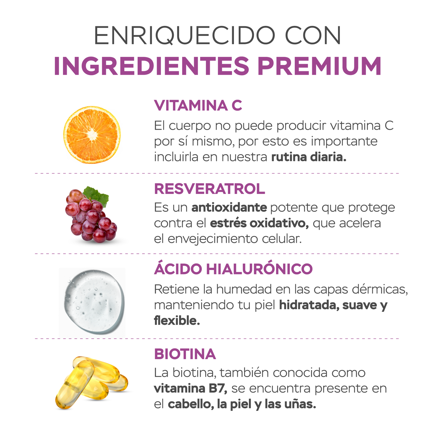 Péptidos de colágeno en cápsulas con biotina y ácido hialurónico