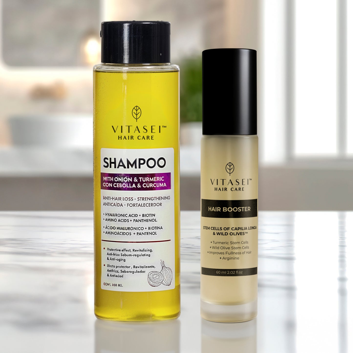 Activador Capilar con células madre de cúrcuma y oliva + Shampoo anti caída con cebolla