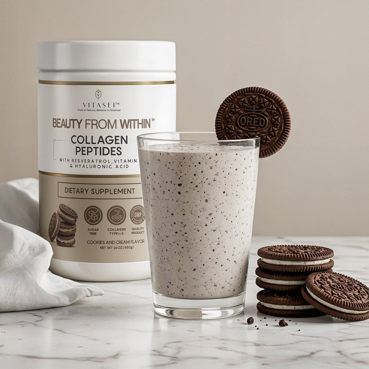 New Cookies and Cream Collagen Peptides with Resveratrol and Hyaluronic Acid