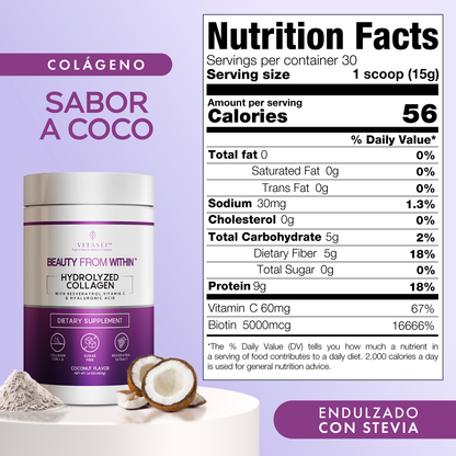 Péptidos de colágeno con resveratrol y ácido hialurónico - sabor a coco