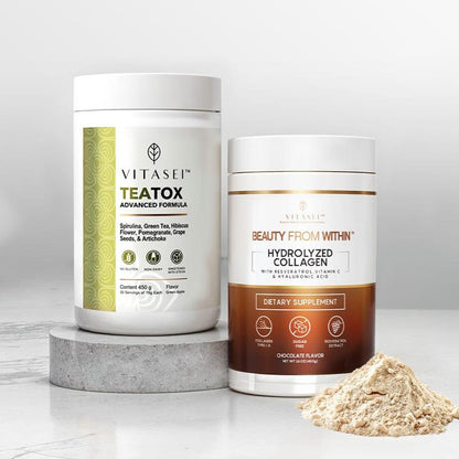 Kit de Colágeno Hidrolizado con Resveratrol sabor Chocolate + Teatox - suplemento detox con Té Verde, Espirulina y Alcachofa