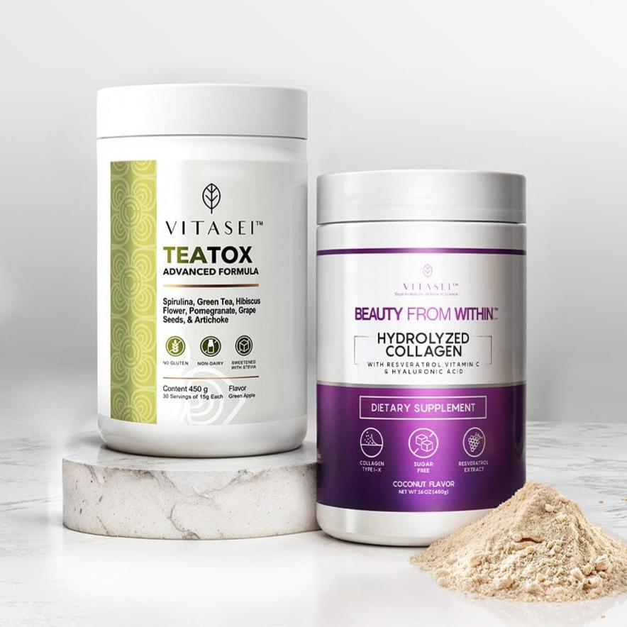 Kit de Colágeno Hidrolizado con Resveratrol sabor Coco + Teatox - suplemento detox con Té Verde, Espirulina y Alcachofa