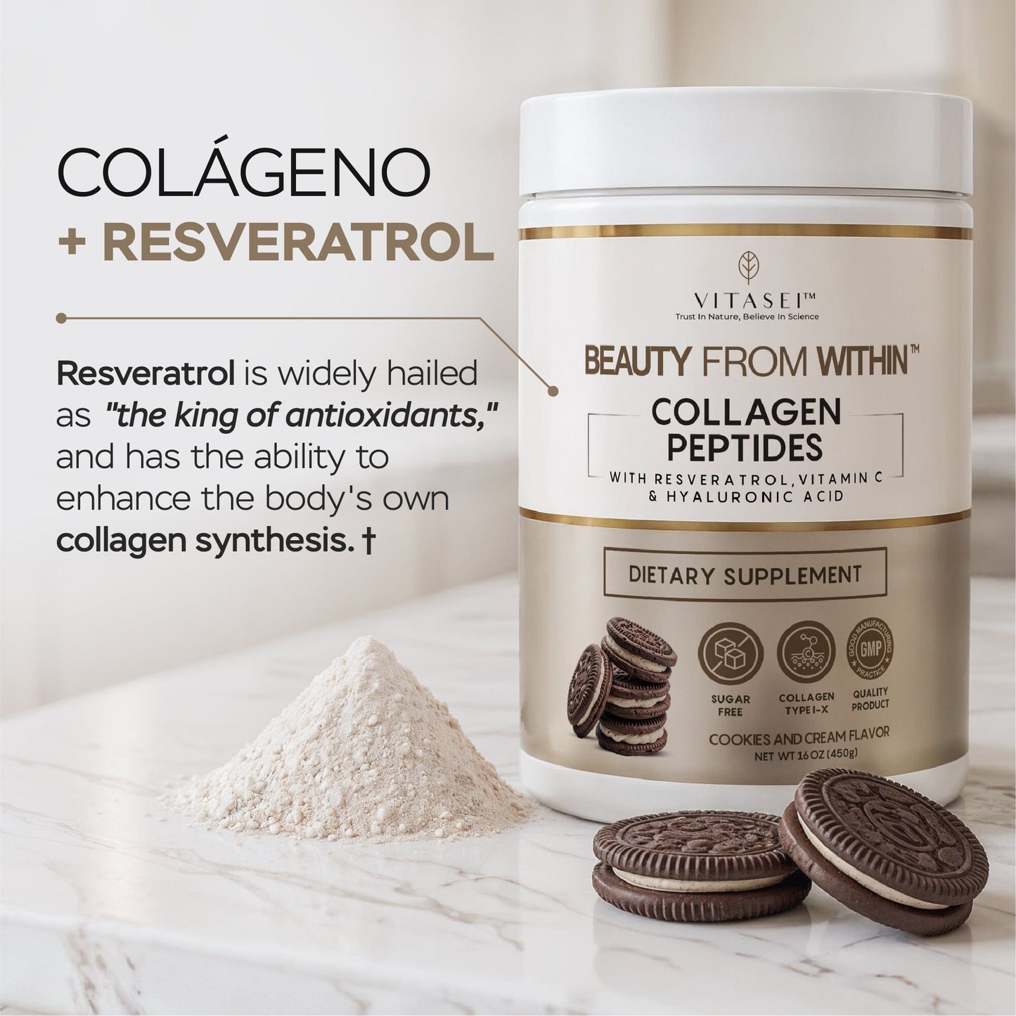 New Cookies and Cream Collagen Peptides with Resveratrol and Hyaluronic Acid