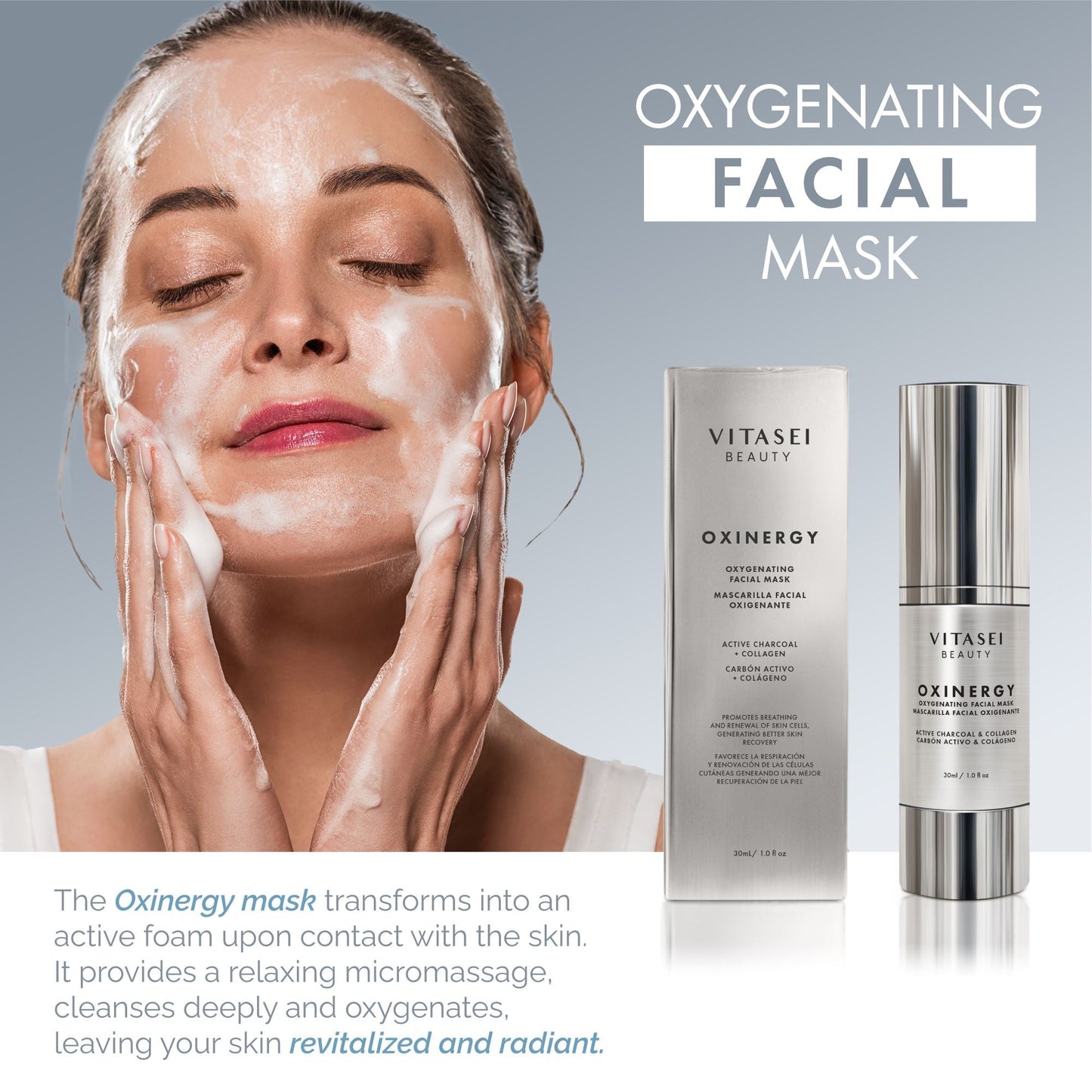 Oxinergy Oxygenating Charcoal Mask + Cream with Prebiotics + Neck And Decollette Stem Cells Serum