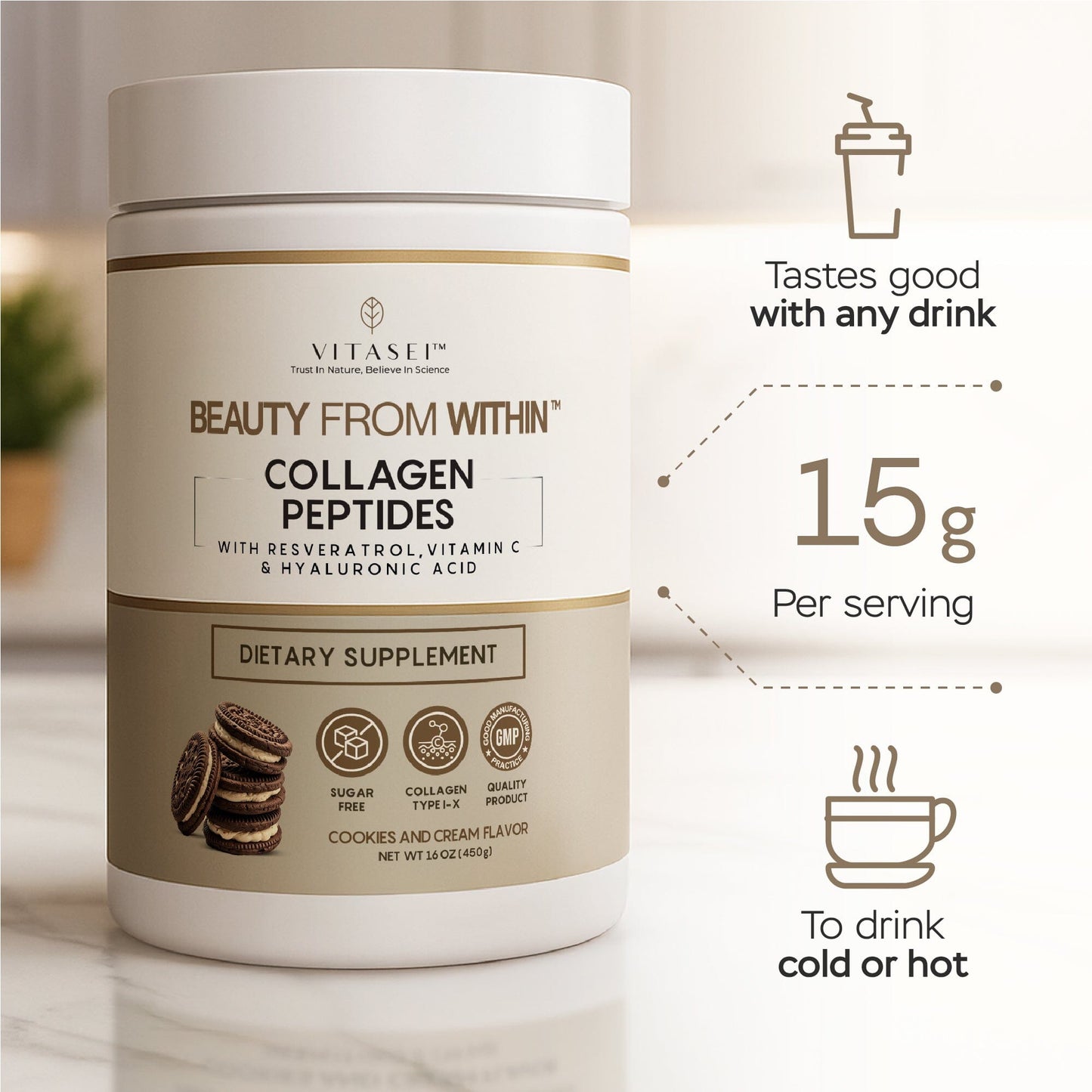 New Cookies and Cream Collagen Peptides with Resveratrol and Hyaluronic Acid