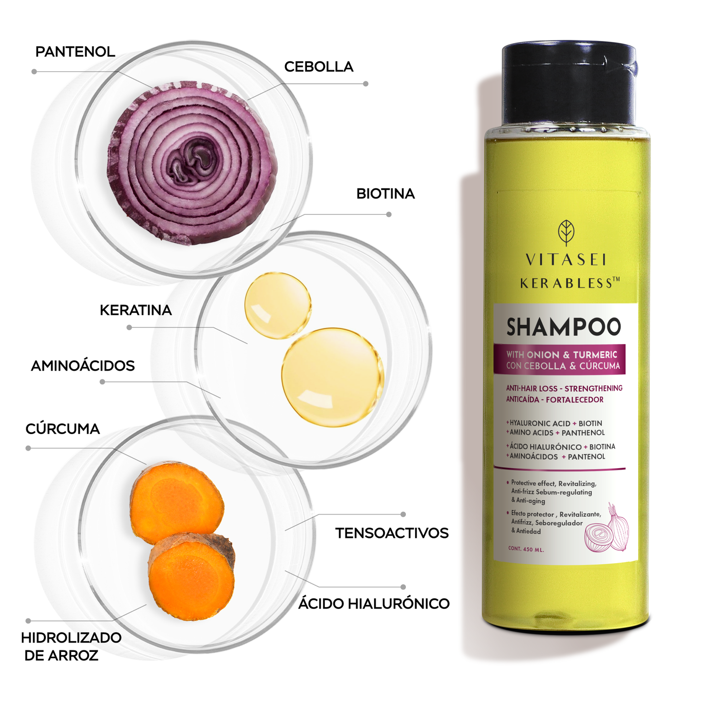 Shampoo anti caída y fortalecedor con cebolla, cúrcuma y pantenol