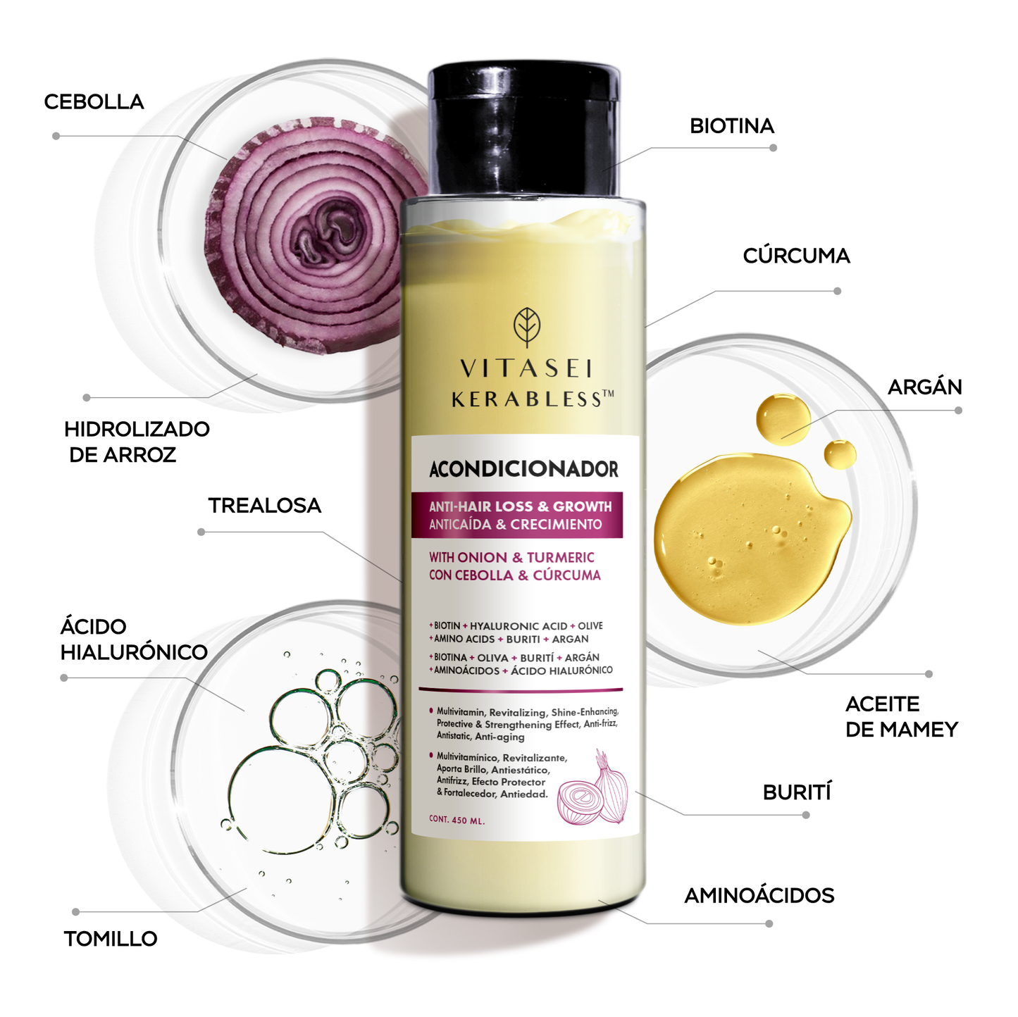 Acondicionador anti caída y crecimiento con cebolla, cúrcuma y aceites exóticos