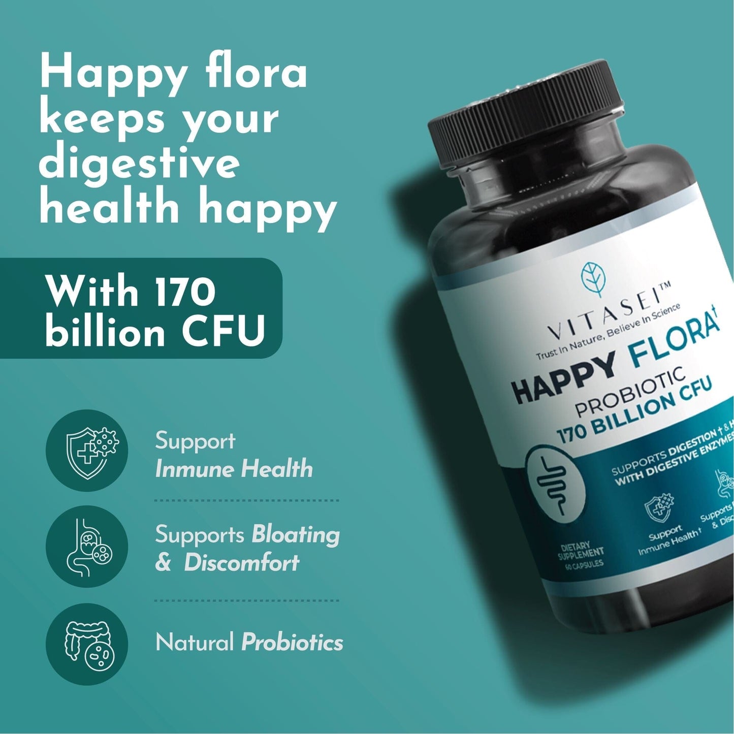Happy Flora — Probiotic Supplement with 170 billion CFU for a Healthy Gut