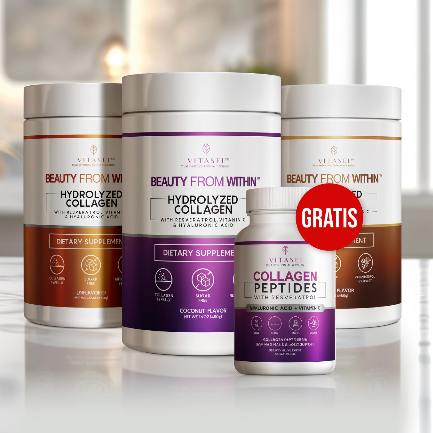 ¡Best Seller! 3 colágenos con resveratrol (sin sabor + chocolate + coco) + GRATIS cápsulas de péptidos