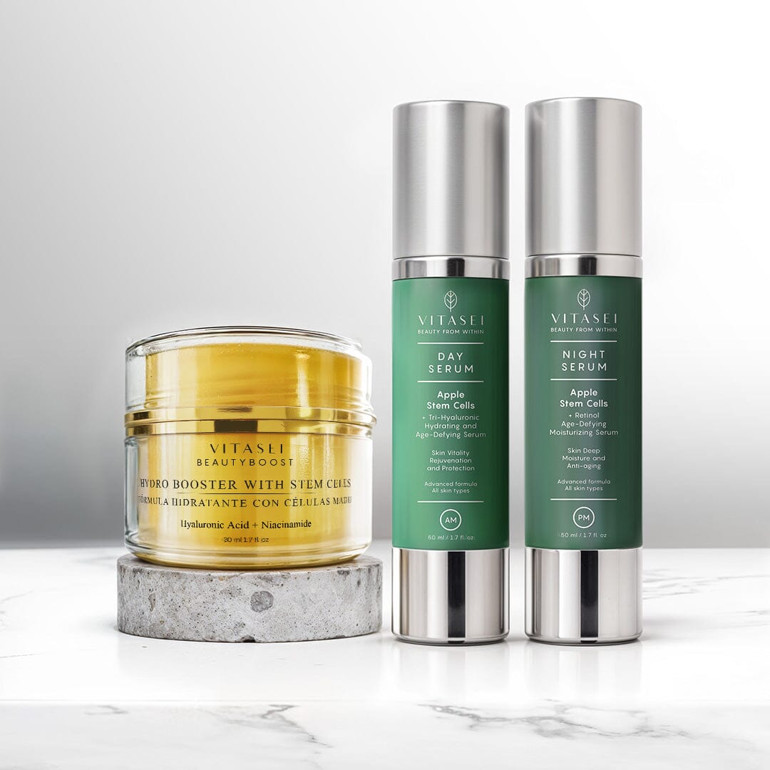 Bundle, Day and Night Facial Serums With Apple Stem Cell + Hydro Booster with cotton stem cells