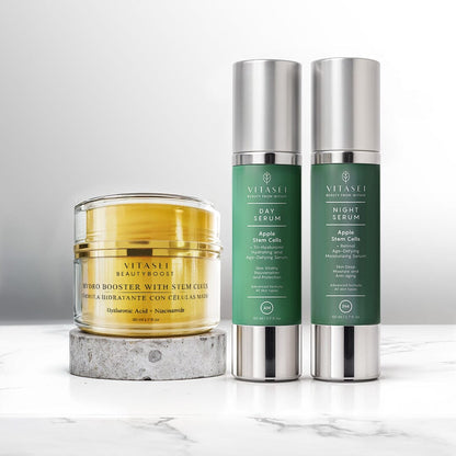 Bundle, Day and Night Facial Serums With Apple Stem Cell + Hydro Booster with cotton stem cells
