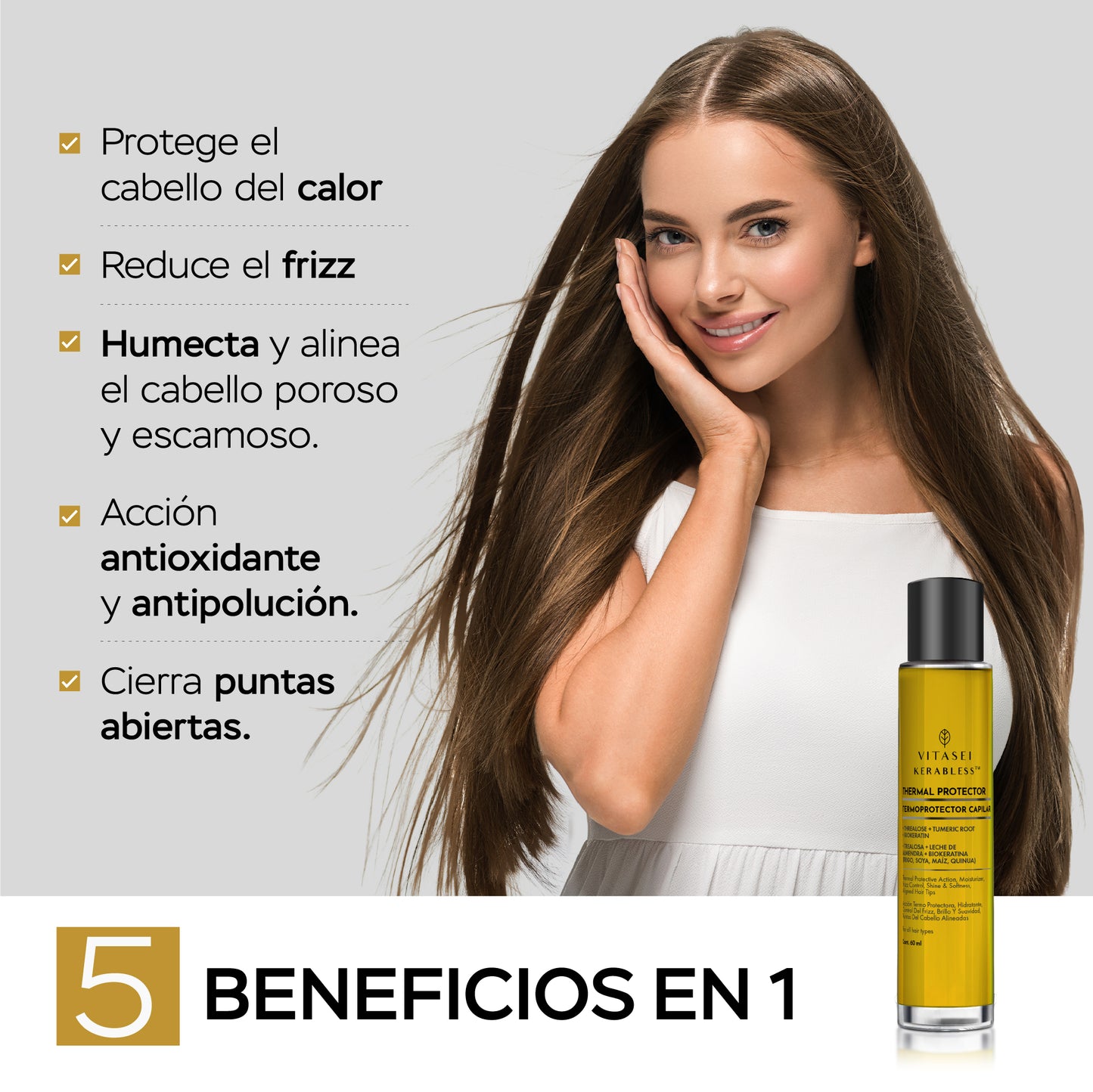Termo protector extra brillo con biokeratina, trealosa y leche de almendras