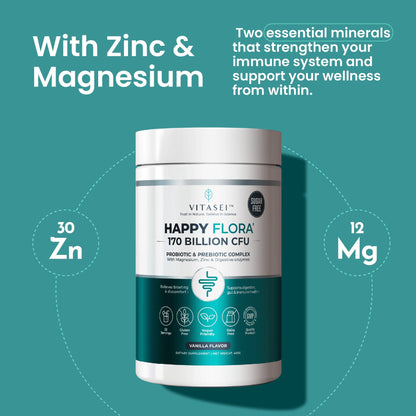 Happy Flora Probiotic & Prebiotic Complex with Magnesium and Zinc, 170 Billion CFU for Gut Health