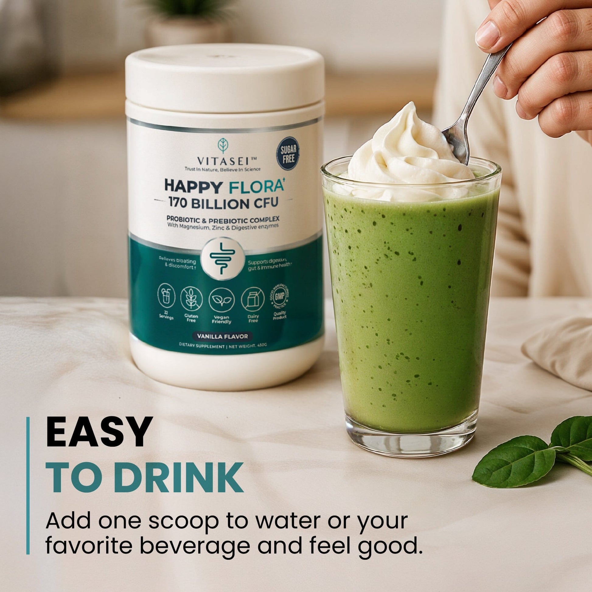 Happy Flora Probiotic & Prebiotic Complex with Magnesium and Zinc, 170 Billion CFU for Gut Health