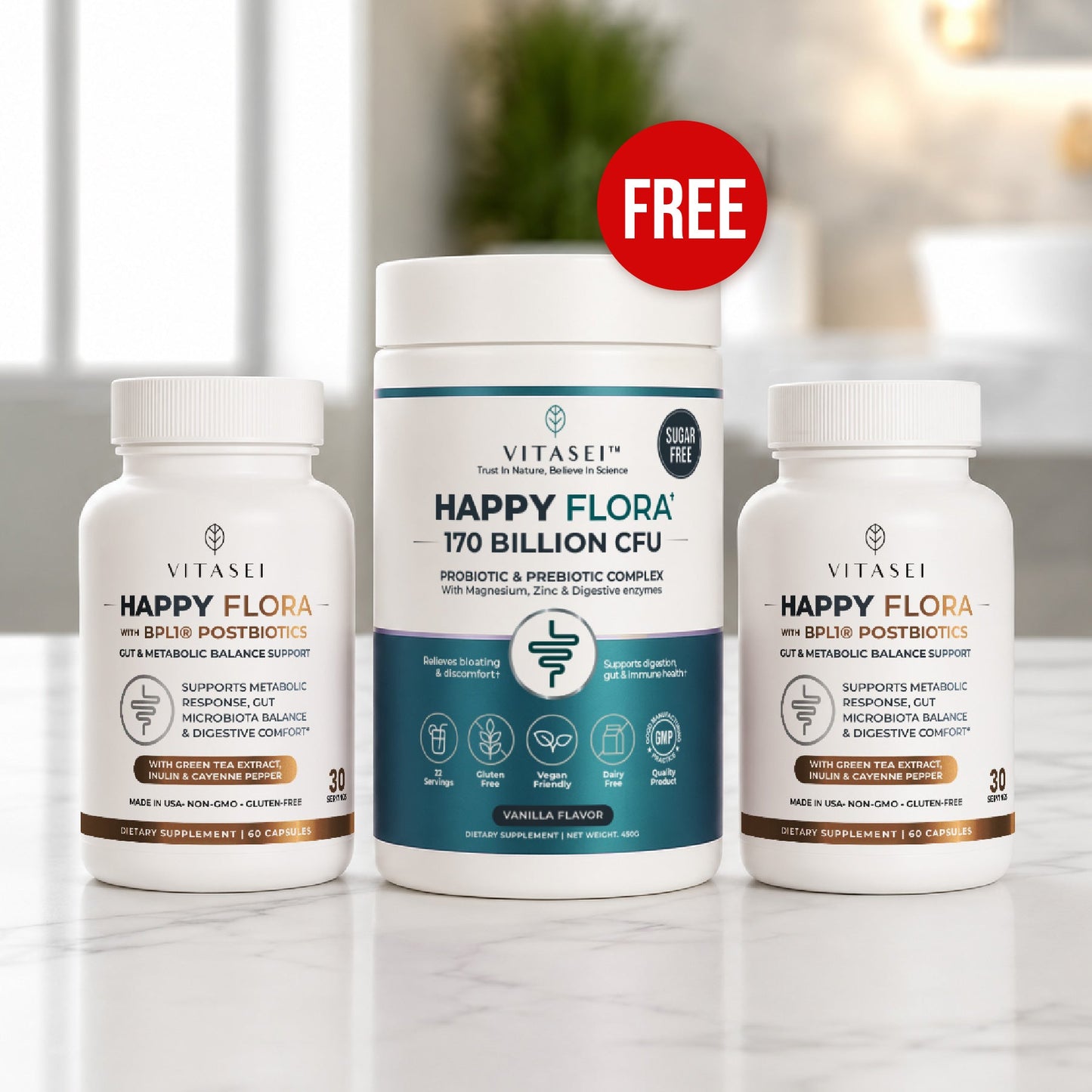 Happy Flora Protocol - 2 BPL1® Postbiotics for Belly Fat + FREE Daily Probiotic & prebiotic