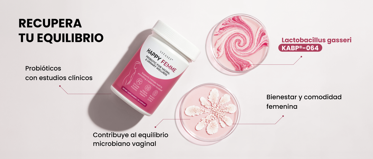 Recupera tu equilibrio: Lactobacillus gasseri KABP-064, contribuye al equilibrio microbiano vaginal, bienestar y comodidad femenina.