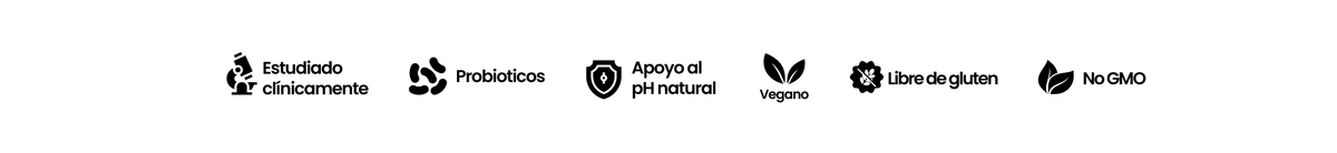 Estudiado clínicamente, probióticos, apoyo al pH natural, vegano, libre de gluten, no GMO.