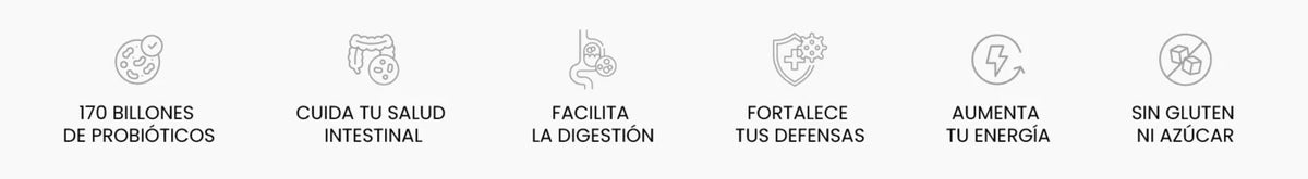 170 billones de probióticos: cuida tu salud intestinal, facilita la digestión, fortalece tus defensas, aumenta tu energía, sin gluten ni azúcar.