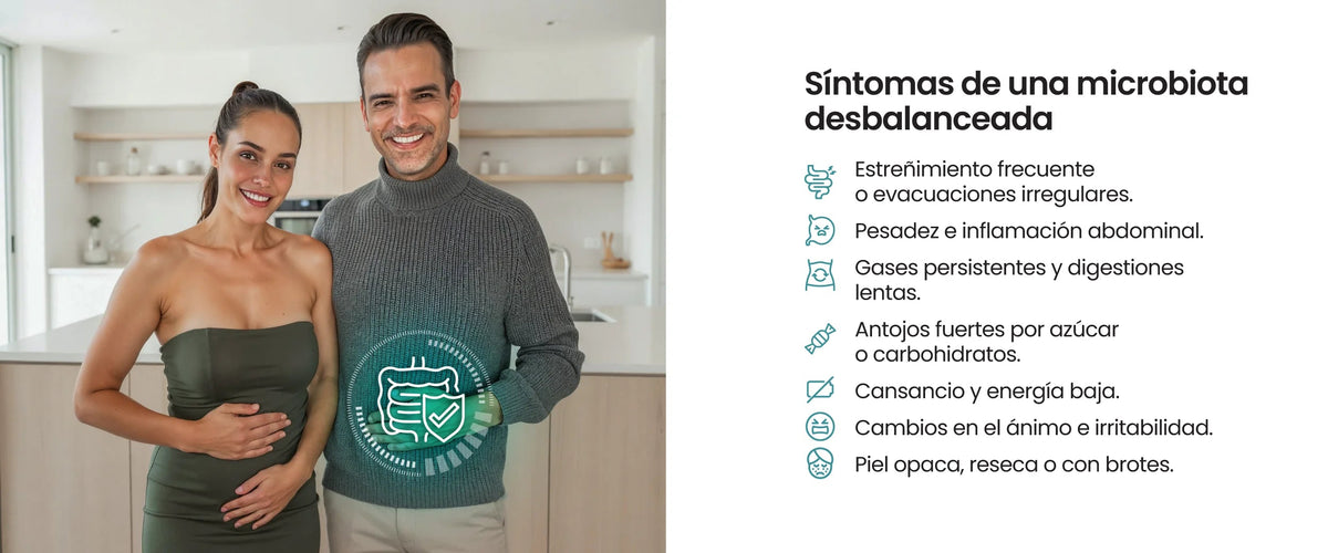 Síntomas de una microbiota desbalanceada: pesadez, gases, digestiones lentas, antojos de azúcar, cansancio y cambios en el ánimo.