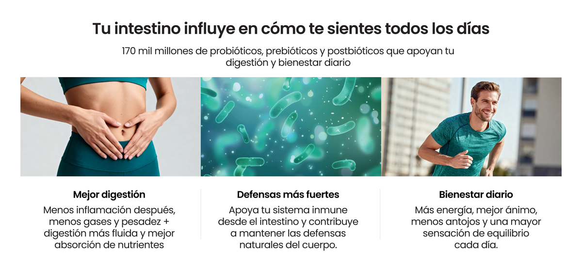 Tu intestino influye en cómo te sientes: 170 mil millones de probióticos, prebióticos y postbióticos que apoyan tu digestión y bienestar diario.