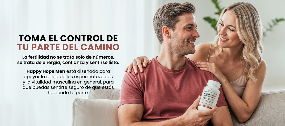 Toma el control de tu parte del camino. Happy Hope Men está diseñado para apoyar la salud de los espermatozoides y la vitalidad masculina.