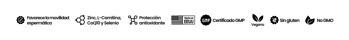 Favorece la movilidad espermática: zinc, L-carnitina, CoQ10 y selenio, protección antioxidante, hecho en EE. UU., certificado GMP, vegano, sin gluten y no GMO.