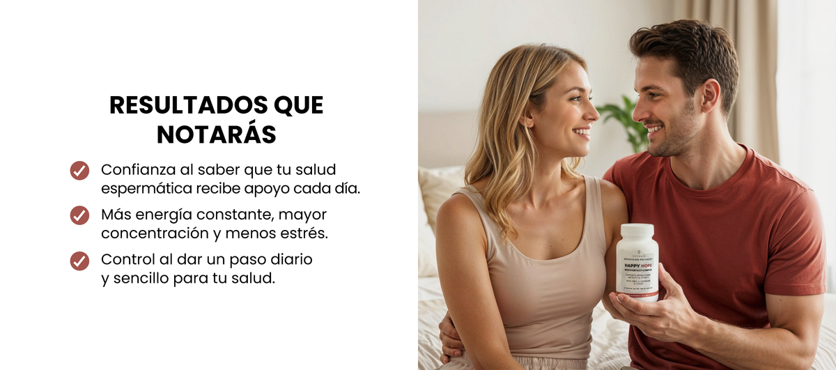 Resultados que notarás: confianza en que tu salud espermática recibe apoyo cada día, más energía y menos estrés.