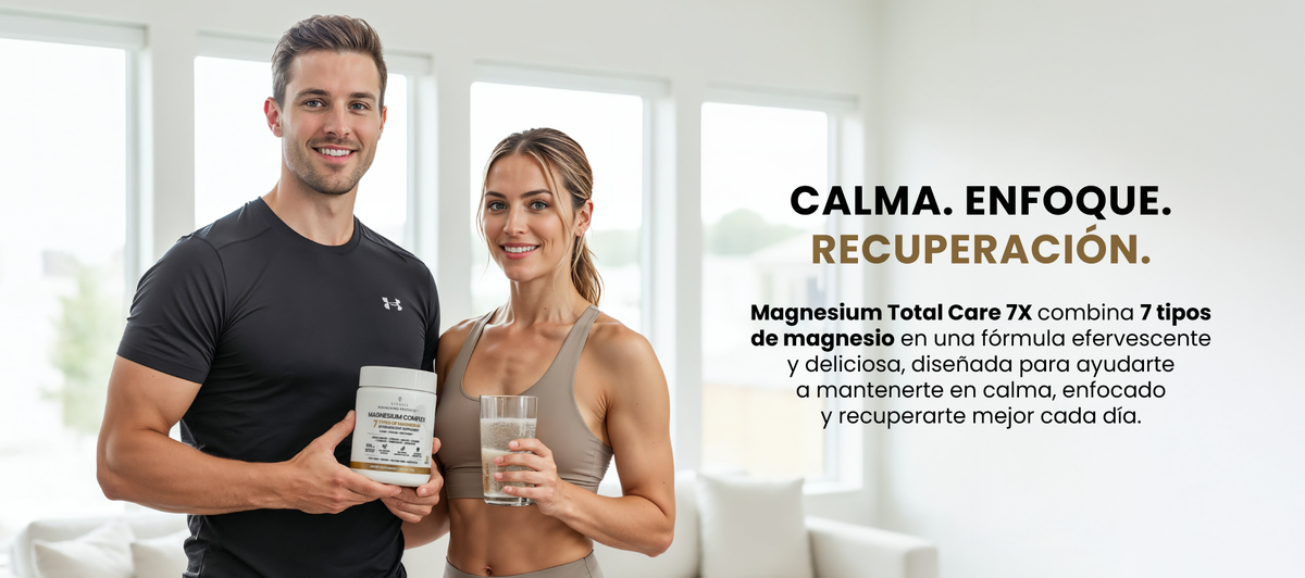 Calma. Enfoque. Recuperación. Magnesium Total Care 7X combina 7 tipos de magnesio en una fórmula efervescente para ayudarte a mantenerte en calma, enfocado y a recuperarte mejor cada día.