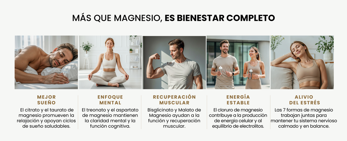 Más que magnesio, es bienestar completo: mejor sueño, enfoque mental, recuperación muscular, energía estable y alivio del estrés.