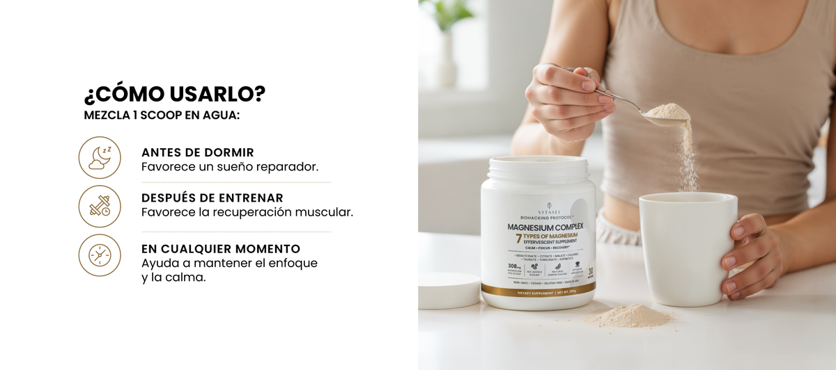 ¿Cómo usarlo? Mezcla 1 scoop en agua: antes de dormir, después de entrenar o en cualquier momento del día.
